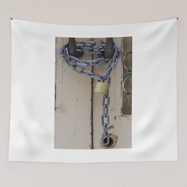 Item preview, Rustic Locked Door With Heavy Chain And Brass Padlock Securing Weathered Wooden Gate designed and sold by Nmallia.