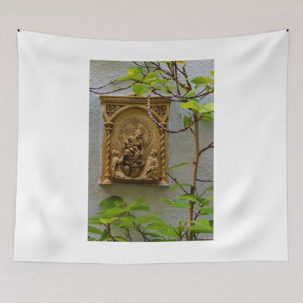 Item preview, Madonna and Child Stone Relief on Garden Wall Surrounded by Green Leaves and Vines designed and sold by Nmallia.