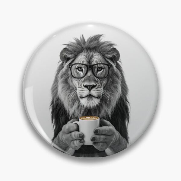 Item preview, a lion wearing black-rimmed rectangular glasses and holding a white ceramic coffee mug  designed and sold by 123ks.