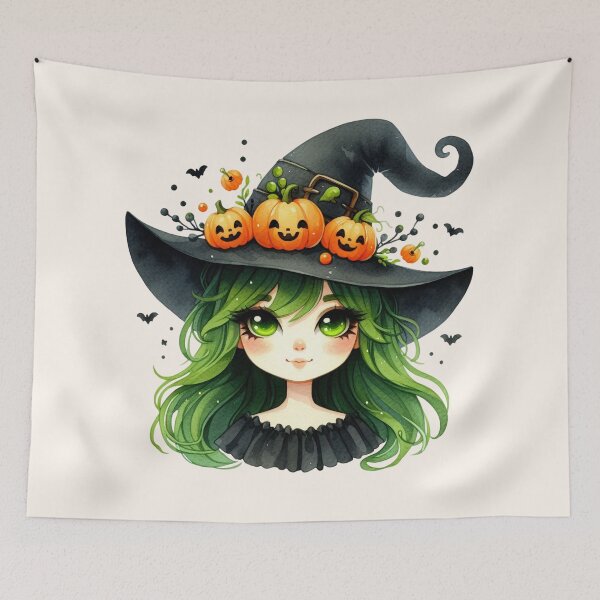 Item preview, Cute Halloween Witch Girl with Green Hair and Pumpkin Hat designed and sold by SweetLilith.