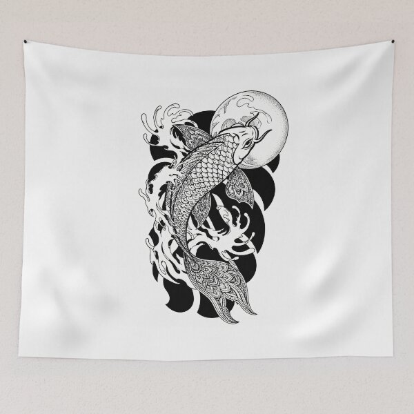 Item preview, Mandala Koi Fish Art | Black and White Japanese Koi with Mandala Fins | Zen Animal Mandala Wall Art designed and sold by suryabumblee.