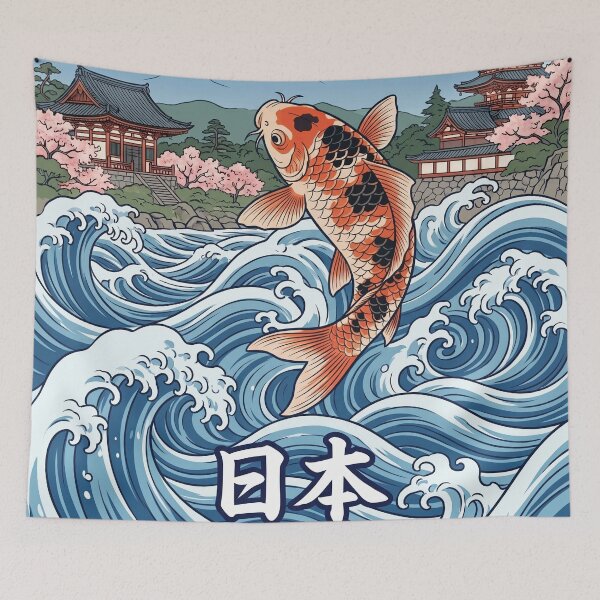 Item preview, JAPAN Travel Illustration - Ukiyo-e Koi Jumping designed and sold by ZUMERI.