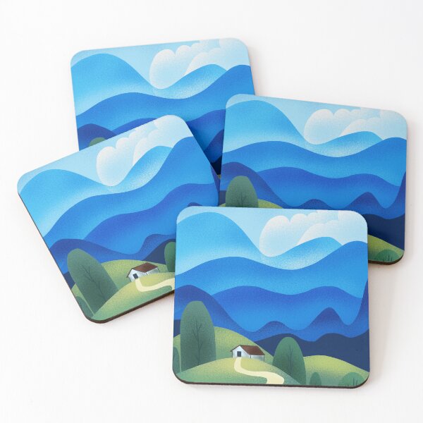 Item preview, Cozy Cottage Landscape | Blue Mountain Scenery | Peaceful Nature Illustration | Minimal Landscape Art | Cottagecore Wall Art designed and sold by MixedMuse24.