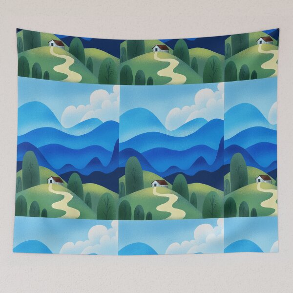 Item preview, Cozy Cottage Landscape | Blue Mountain Scenery | Peaceful Nature Illustration | Minimal Landscape Art | Cottagecore Wall Art designed and sold by MixedMuse24.