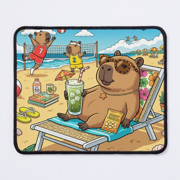 Item preview, Capybara Drinking Iced Matcha Beach Art Print designed and sold by DIUMERI.