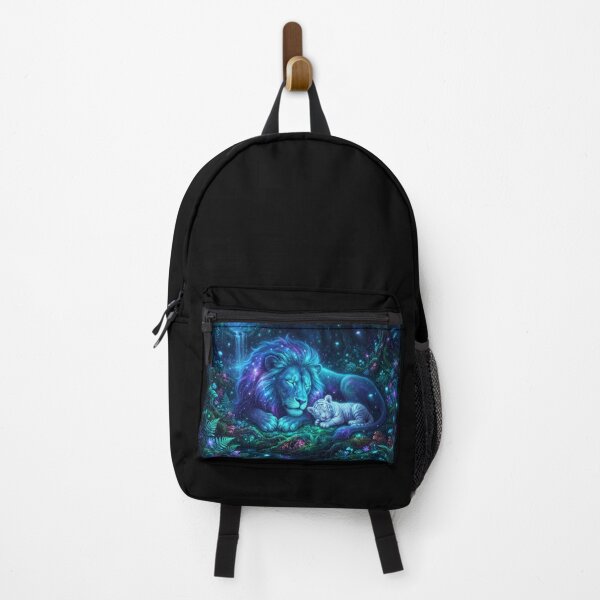 Item preview, Dreamy Blue Lion and White Tiger Cub Sleeping in Enchanted Forest | Fantasy Wildlife Art designed and sold by ManJiangHong.
