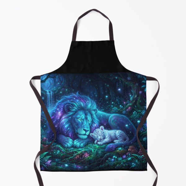 Item preview, Dreamy Blue Lion and White Tiger Cub Sleeping in Enchanted Forest | Fantasy Wildlife Art designed and sold by ManJiangHong.
