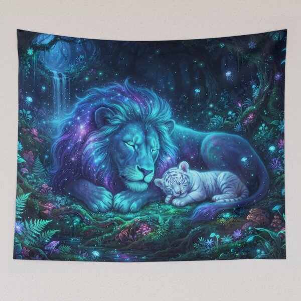 Item preview, Dreamy Blue Lion and White Tiger Cub Sleeping in Enchanted Forest | Fantasy Wildlife Art designed and sold by ManJiangHong.