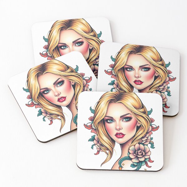 Item preview, Symbolic Traditional Tattoo Art Print – Beautiful Blonde Woman with Blue Eyes designed and sold by Fenomena Designs.