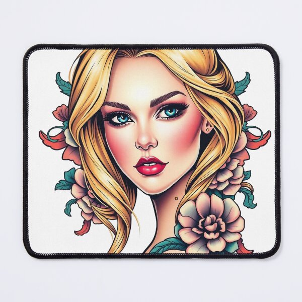 Item preview, Symbolic Traditional Tattoo Art Print – Beautiful Blonde Woman with Blue Eyes designed and sold by Fenomena Designs.