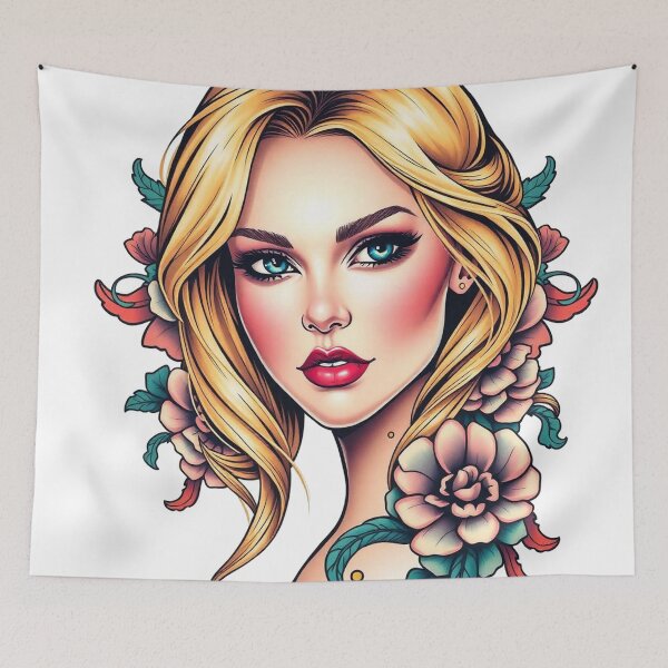 Item preview, Symbolic Traditional Tattoo Art Print – Beautiful Blonde Woman with Blue Eyes designed and sold by Fenomena Designs.