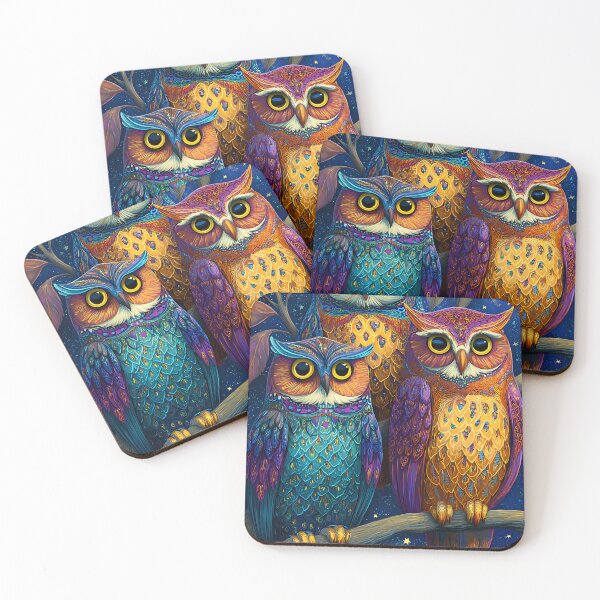 Item preview, Colorful Majestic Owls Against Starry Background designed and sold by Artessie.