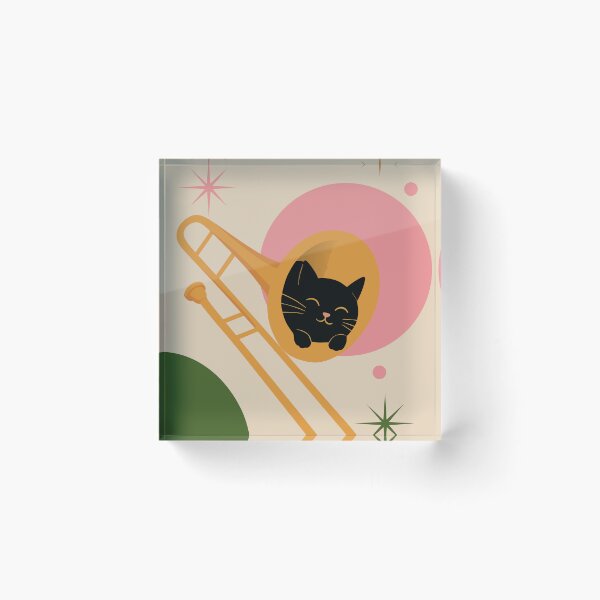 Item preview, Cute Black Cat in Trombone | Bauhaus Jazz Art | Mid-Century Modern Music Print | Minimalist Cat Lover Print designed and sold by Studio pod Burom.