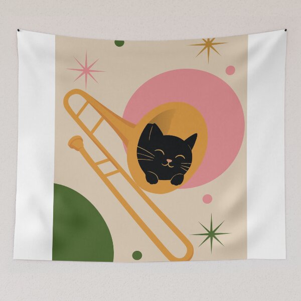 Item preview, Cute Black Cat in Trombone | Bauhaus Jazz Art | Mid-Century Modern Music Print | Minimalist Cat Lover Print designed and sold by Studio pod Burom.
