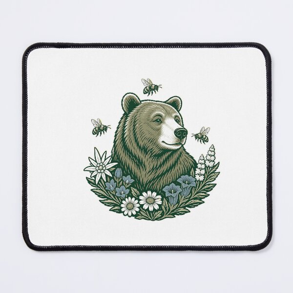 Item preview, Bear Bees Alpine Flowers Folk Nature Print designed and sold by BoyleDesignShop.