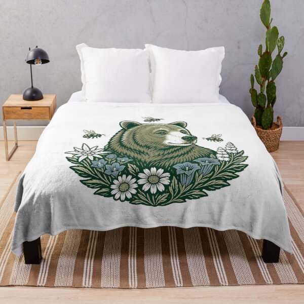 Item preview, Bear Bees Alpine Flowers Folk Nature Print designed and sold by BoyleDesignShop.