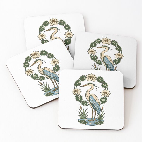 Item preview, Blue Heron Water Lily Wreath Folk Print designed and sold by BoyleDesignShop.