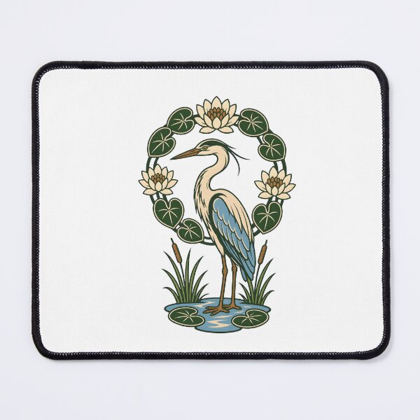 Item preview, Blue Heron Water Lily Wreath Folk Print designed and sold by BoyleDesignShop.