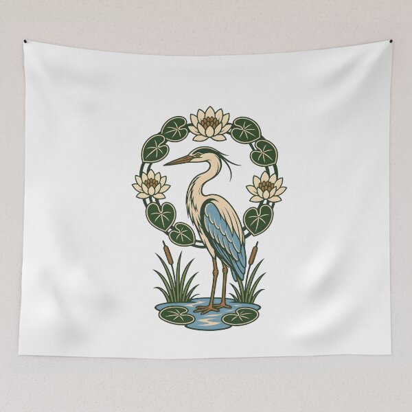 Item preview, Blue Heron Water Lily Wreath Folk Print designed and sold by BoyleDesignShop.
