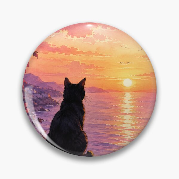 Item preview, Dreamy Black Cat Watching the Ocean Sunset | Aesthetic Watercolor Illustration designed and sold by mayatA-rt.