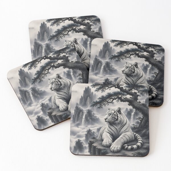 Item preview, White Tiger Beneath the Welcome Pine | Oriental Ink Landscape Fantasy Wildlife Art designed and sold by ManJiangHong.