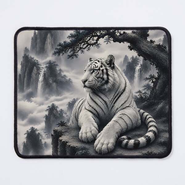 Item preview, White Tiger Beneath the Welcome Pine | Oriental Ink Landscape Fantasy Wildlife Art designed and sold by ManJiangHong.