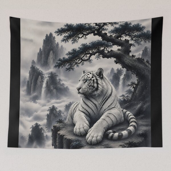 Item preview, White Tiger Beneath the Welcome Pine | Oriental Ink Landscape Fantasy Wildlife Art designed and sold by ManJiangHong.