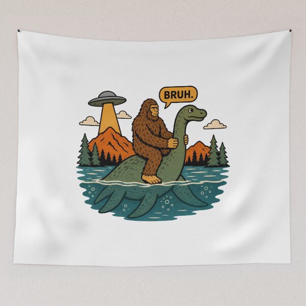 Item preview, Bigfoot Sasquatch Riding on Loch Ness Monster designed and sold by gunaone-design.