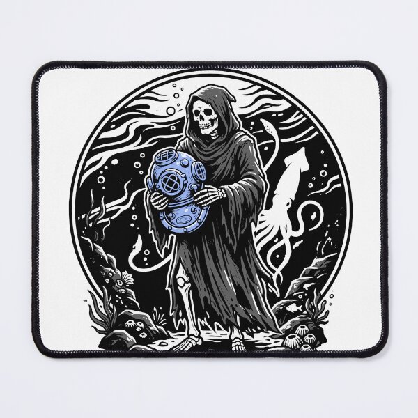 Item preview, Grim Reaper Holding Blue Diving Helmet in Underwater Circle Frame with Squid designed and sold by MisteryDesigner.