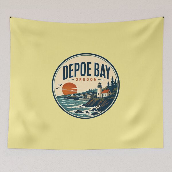 Item preview, Depoe Bay Oregon lighthouse coastal sunset town illustration designed and sold by Rue Design Company.