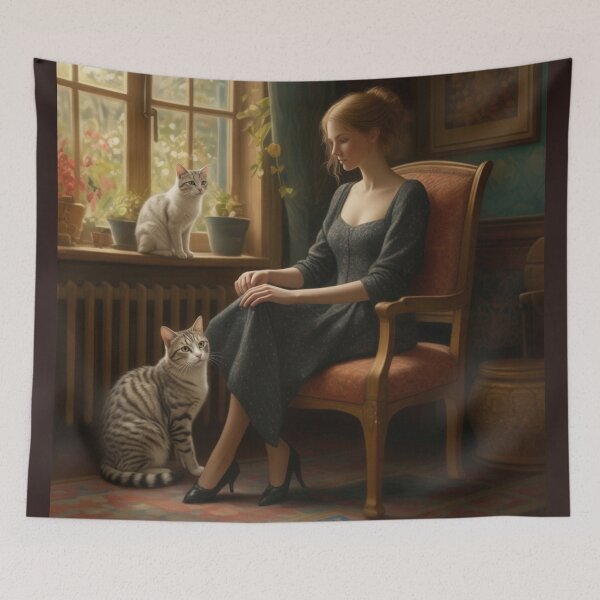 Item preview, English Vintage Lady with White Cats Sunlit Oil Painting Art designed and sold by UmSkelig834.