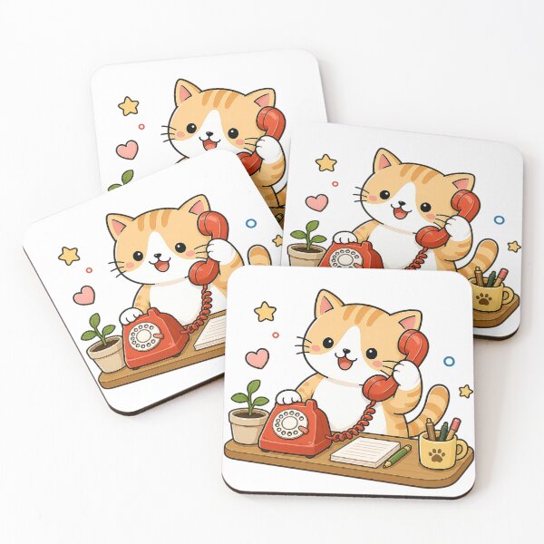Item preview, Cute Office Cat Answering Red Rotary Telephone Kawaii Kitty Illustration designed and sold by NoopnyangStudio.