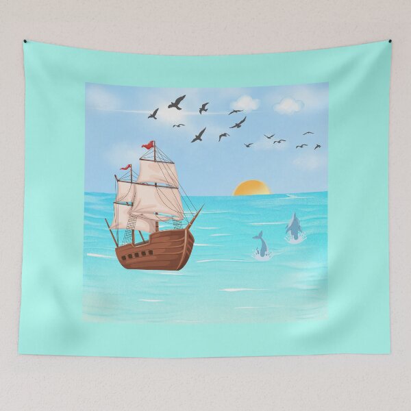 Item preview, Peaceful Sailing Boat with Dolphin | Ocean Nature Art designed and sold by CREATIVE HIVE.