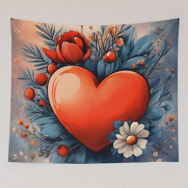 Item preview, Hearts 54 - Red Heart with Flowers and Blue Leaves designed and sold by NikaNavi.