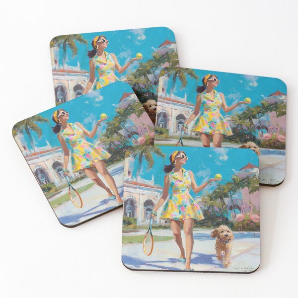 Item preview, Grandmillennial art, woman and dog tennis club art designed and sold by SophieClimaArt.