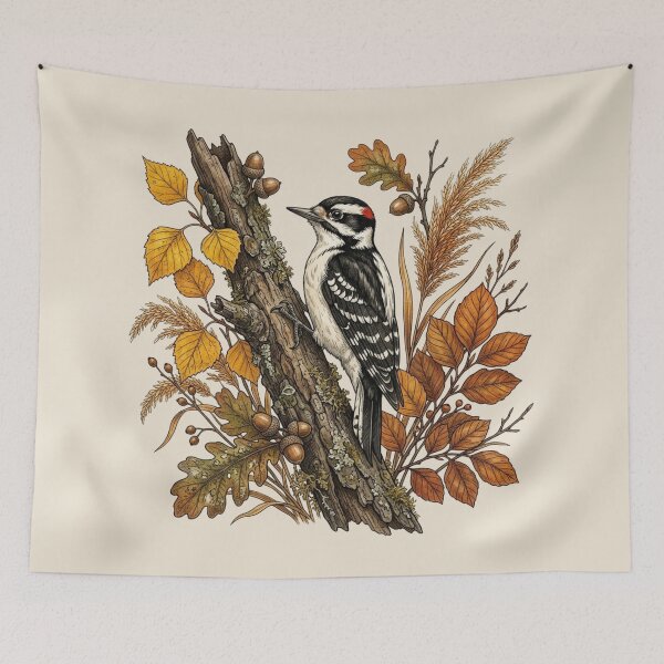 Item preview, Autumn Season Downy Woodpecker Bird Nature Design designed and sold by BirdsnStuff.