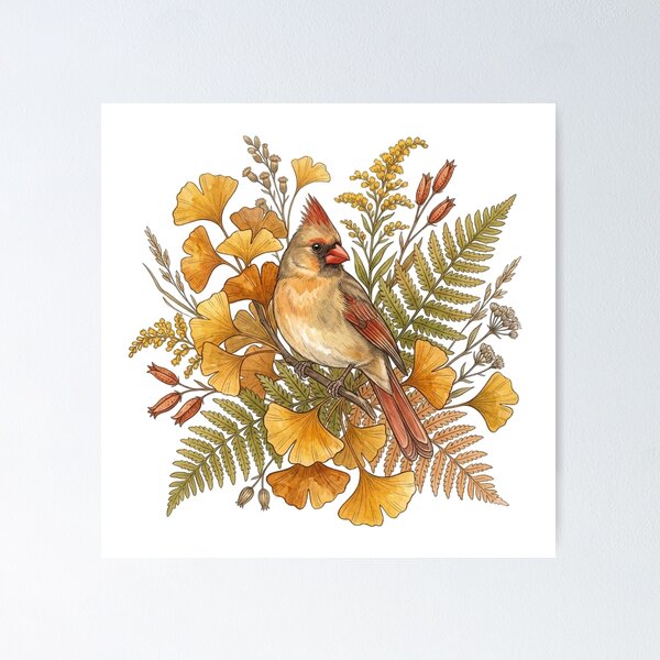 Item preview, Female Northern Cardinal Among Autumn Foliage Bird Art  designed and sold by BirdsnStuff.