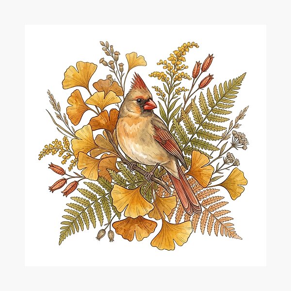 Item preview, Female Northern Cardinal Among Autumn Foliage Bird Art  designed and sold by BirdsnStuff.