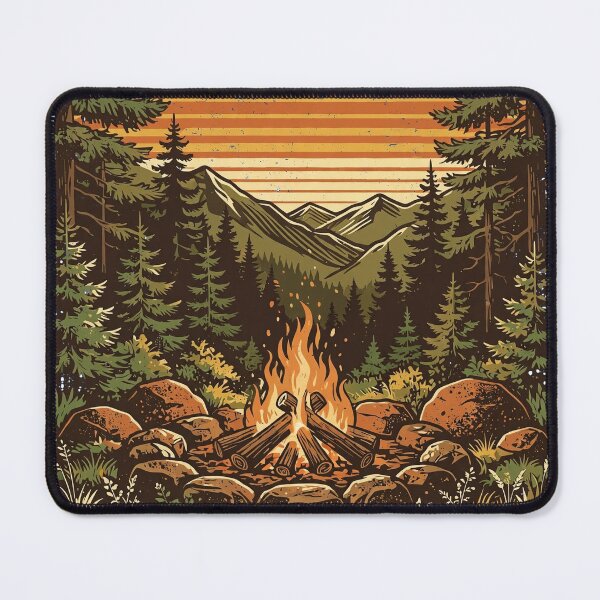 Item preview, Wavy Retro Sunset Campfire - Forest Mountains Wilderness Badge designed and sold by KARAM-B.