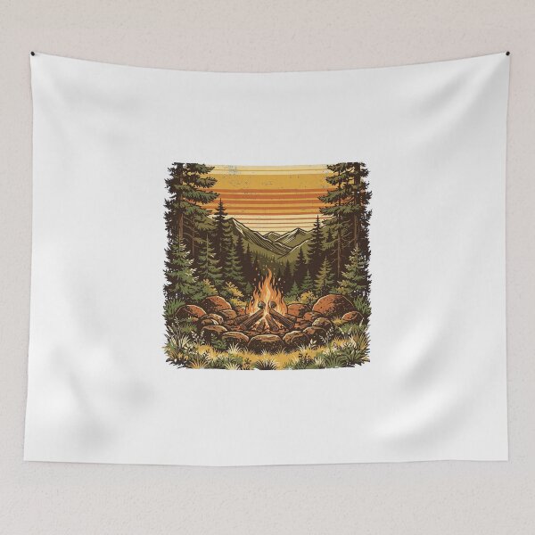 Item preview, Wavy Retro Sunset Campfire - Forest Mountains Wilderness Badge designed and sold by Ala'Salem| Cute Characters, Real Moods.