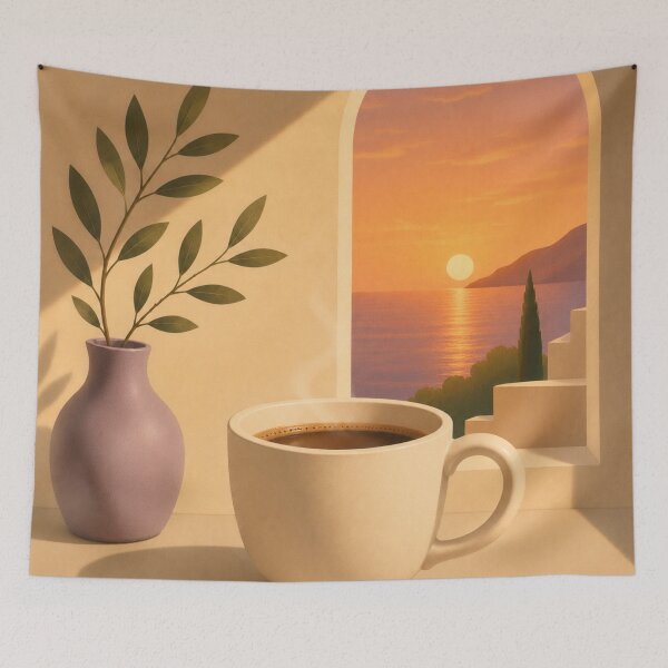 Item preview, Golden Sunset Coffee | Mediterranean Coastal Coffee Art designed and sold by joycrysstudio.