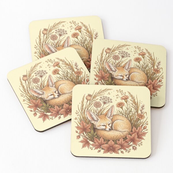 Item preview, Vintage Fennec Fox Sleeping Among Fall Leaves Wildlife Art designed and sold by BirdsnStuff.