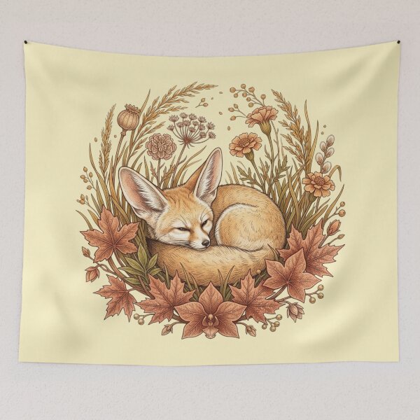 Item preview, Vintage Fennec Fox Sleeping Among Fall Leaves Wildlife Art designed and sold by BirdsnStuff.