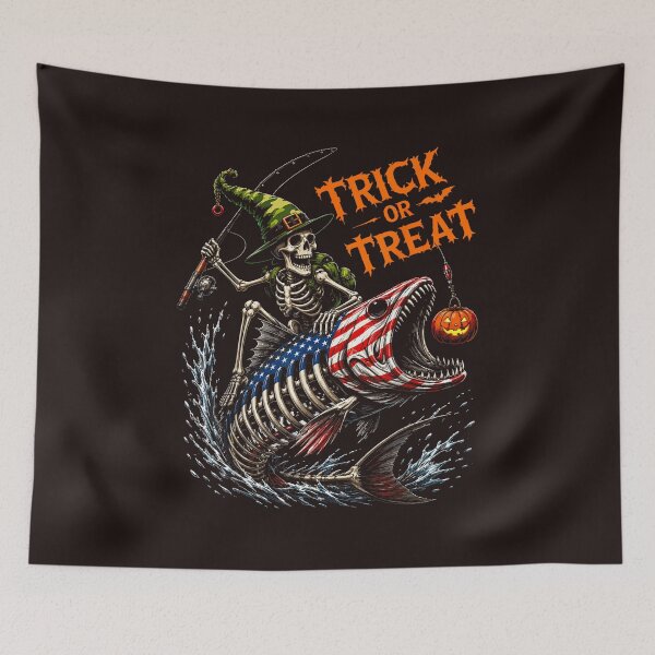Item preview, keleton Fishing Halloween Trick or Treat Vintage Angler Pumpkin Design designed and sold by mari-kayden.