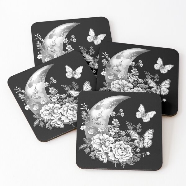 Item preview, Crescent Moon with Flowers and Butterflies Monochrome Celestial Art designed and sold by inkoutninja.