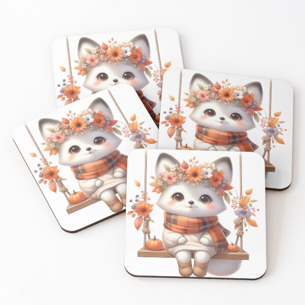 Item preview, Cute Autumn White Fox on Swing Kawaii Cottagecore Floral designed and sold by NotasCreativa.