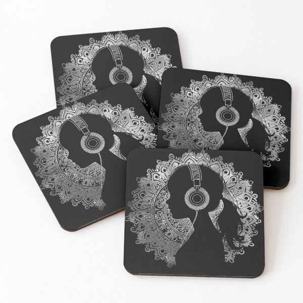 Item preview, Mandala Music Woman With Headphones Monochrome Boho Silhouette designed and sold by inkoutninja.