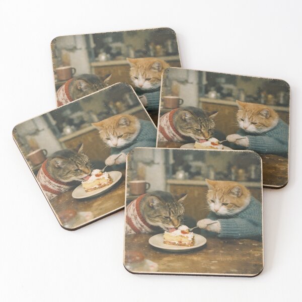 Item preview, Kitten on a Romantic Date Wall Art | Adorable Cat Enjoying Cake at a Cozy Café | Retro Photography Aesthetic Vintage Print designed and sold by PaintedPixels01.