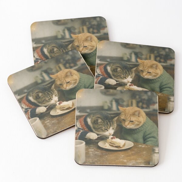 Item preview, Kitten on a Romantic Date Wall Art | Adorable Cat Enjoying Cake at a Cozy Café | Retro Photography Aesthetic Vintage Print designed and sold by PaintedPixels01.