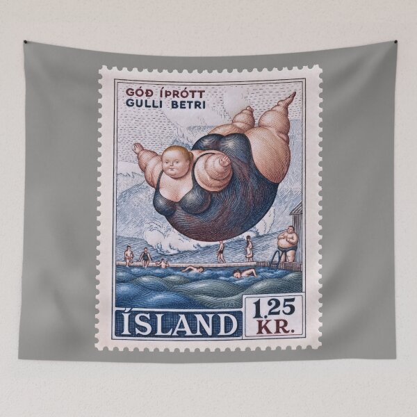 Item preview, Vintage Icelandic Swimming Postage Stamp – Retro Nordic Swimmer Art designed and sold by retrographics.